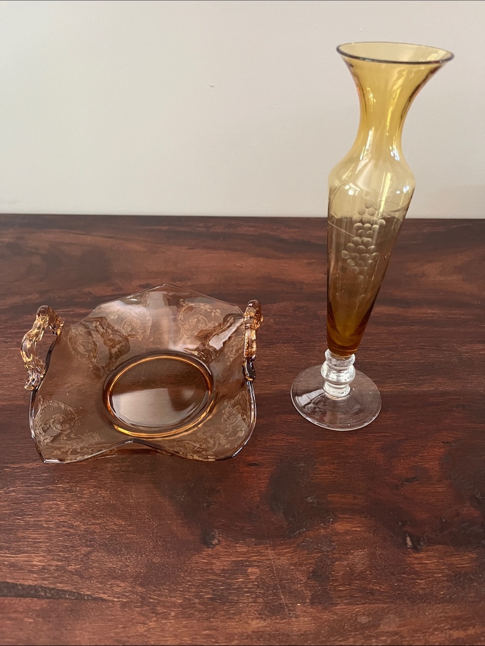 Antique Amber Etched Glass Compote Bowl and Bud Vase Set